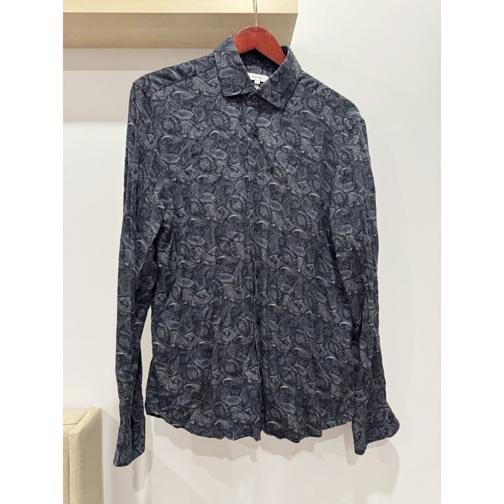Reiss Mens Large Cousin Black Paisley Print Long Sleeve Button Up Shirt Viscose